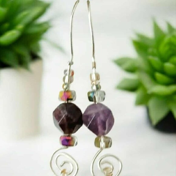 Boho Style Amethyst Dangle Drop Earrings, Crystal Gemstone Beaded Statement - Picture 9 of 10